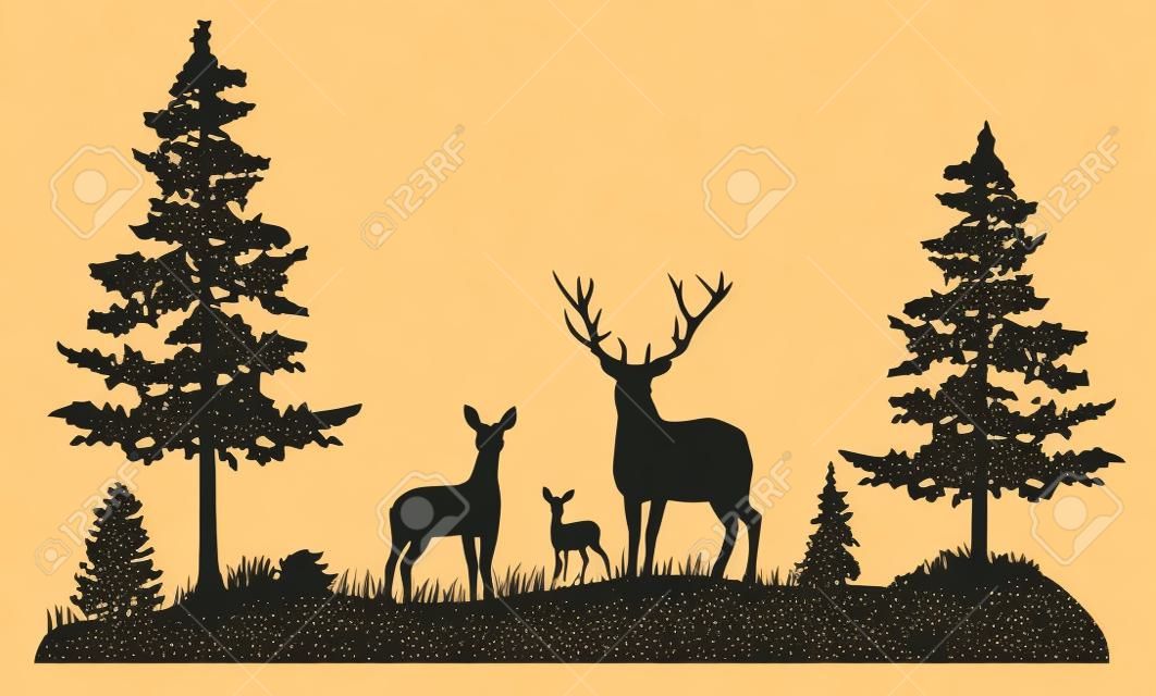 Illustration vectorielle d'une famille de cerfs dans les bois.