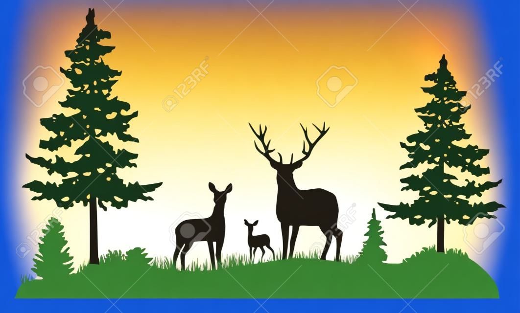 Illustration vectorielle d'une famille de cerfs dans les bois.