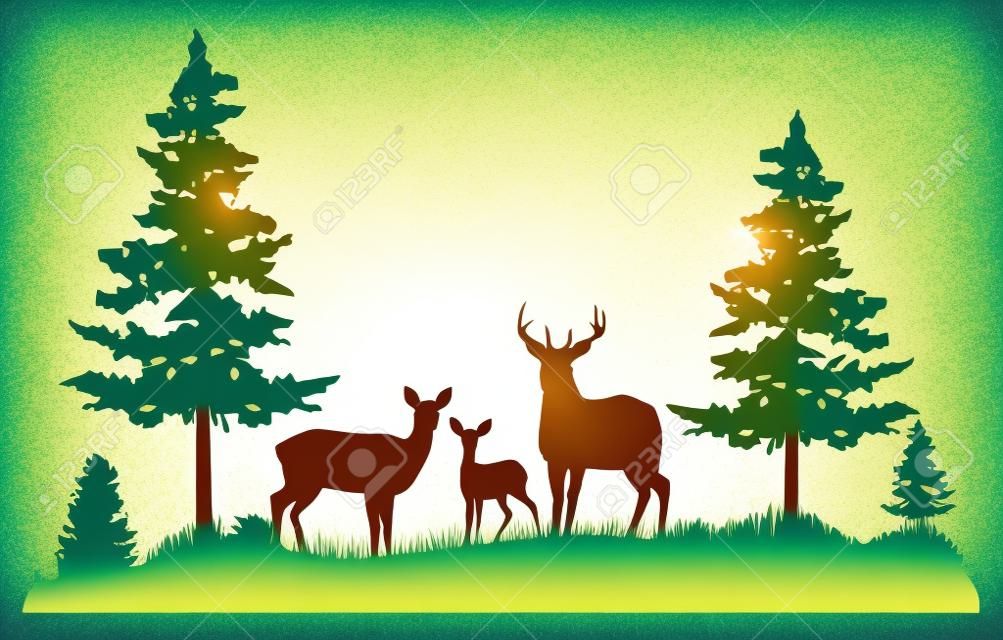 vector illustration of a deer family in the forest.