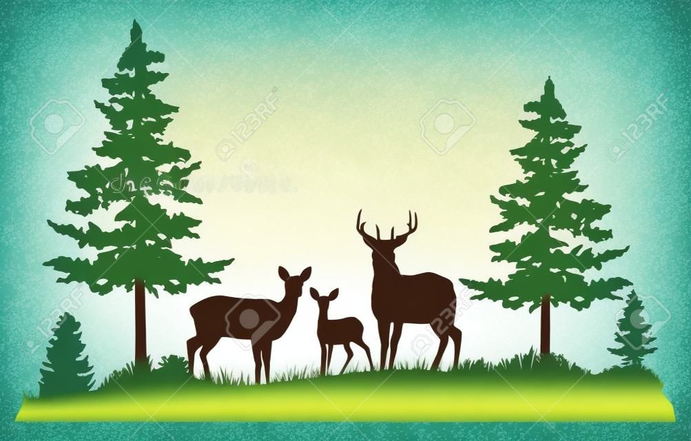 vector illustration of a deer family in the forest.