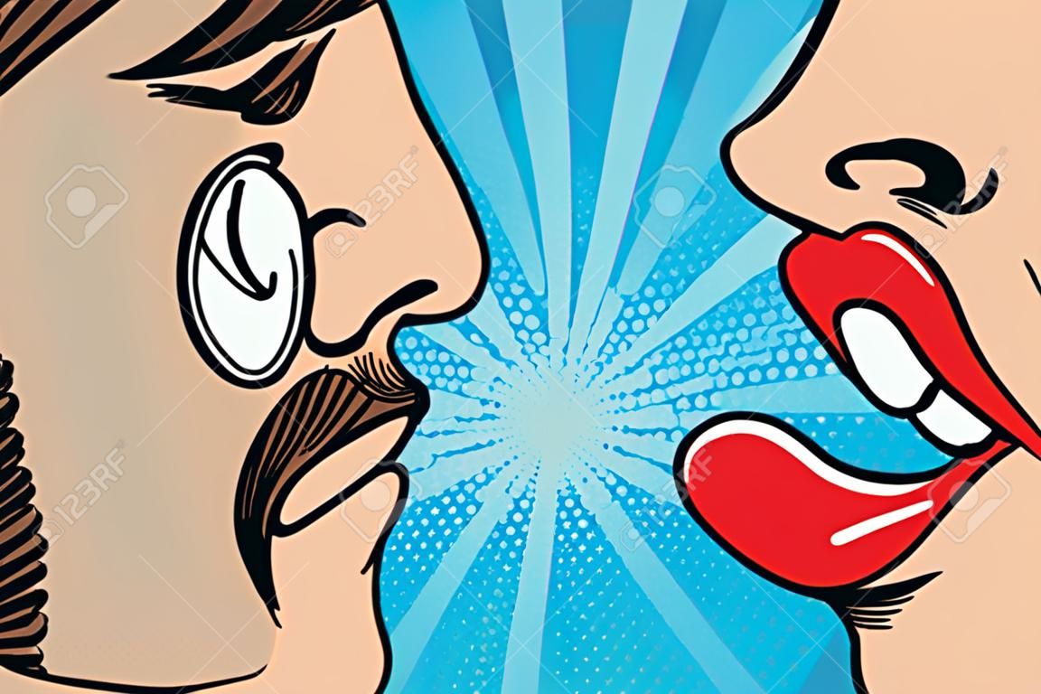 Woman lips whispering in mans ear with speech bubble. Pop Art style, comic book illustration. Secrets and gossip concept. Vector.
