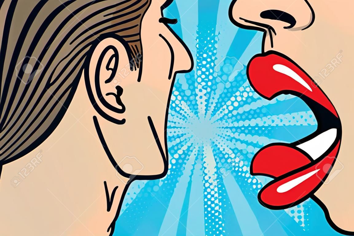 Labios de mujer susurrando al oído del hombre con bocadillo. Estilo pop art, ilustración de cómic. Secretos y concepto de chismes. Vector.