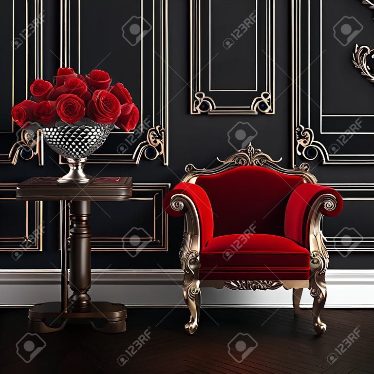 Classic carved armchair with arved details upholstered in red velvet in classic interior. Big vase with red roses on the classic table.Digital Illustration.3d rendering
