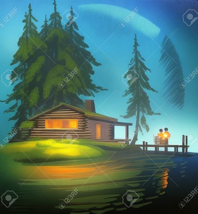 美麗的小屋在湖邊