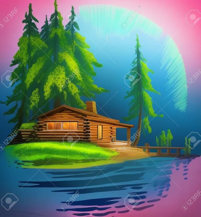 Cabine bonita por um lago
