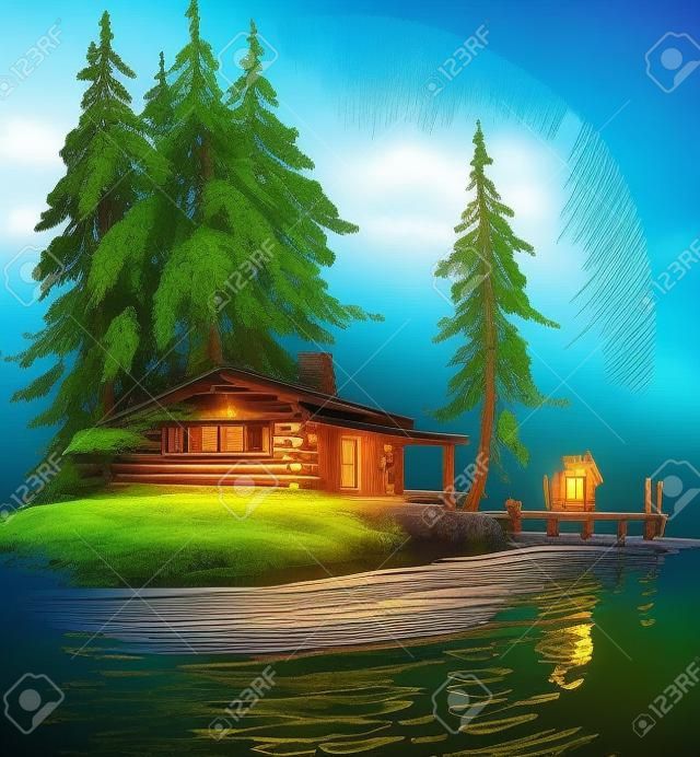 美麗的小屋在湖邊