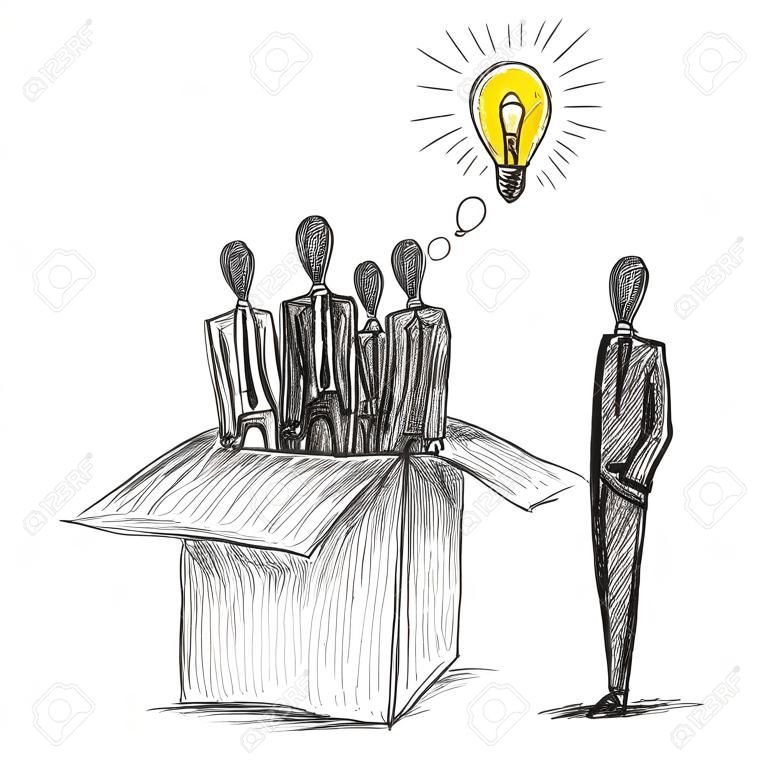 Denken außerhalb der Box, Gekritzel style, Hand konzeptionelle Business Bild von Menschen Denken in der Box und ein unabhängiger Denker kommen mit einer Idee, außerhalb der Box gezogen.