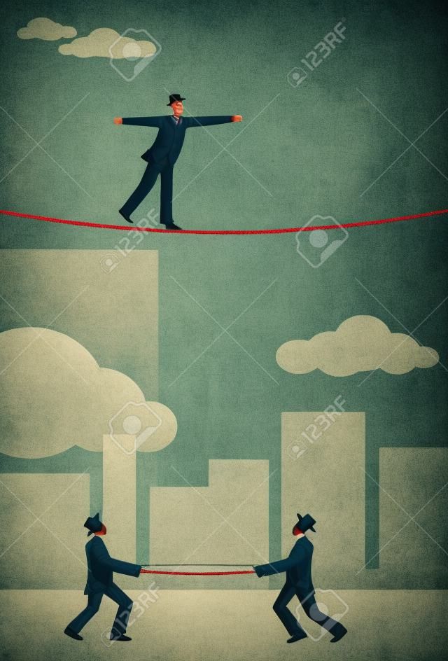 Walking a Tightrope, A retro businessman walking a tightrope with two men and a safety net underneath in case he falls. The people & rope and background are on separate labeled layers.