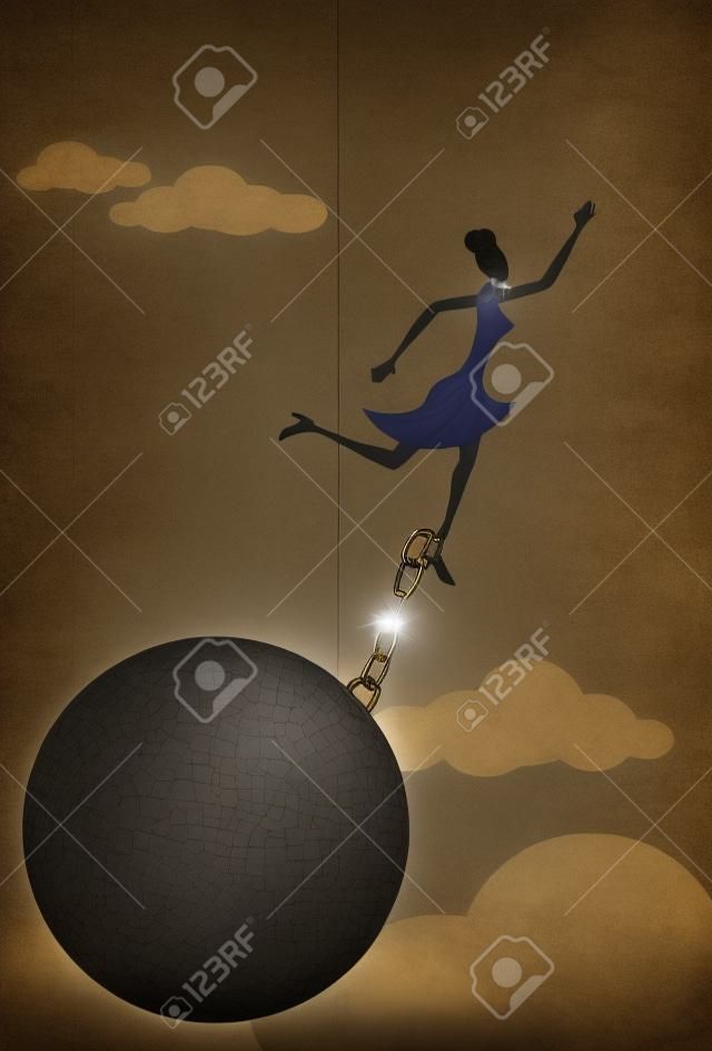 Libertando-se da bola e da corrente, uma empresária escapando de sua bola e corrente. A mulher com bola e corrente e o fundo estão em camadas rotuladas separadamente.