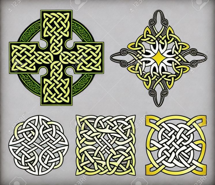 Vector cruz celta y conjunto de nudos. Ornamento étnico. Diseño geométrico. Impresión de la camiseta.