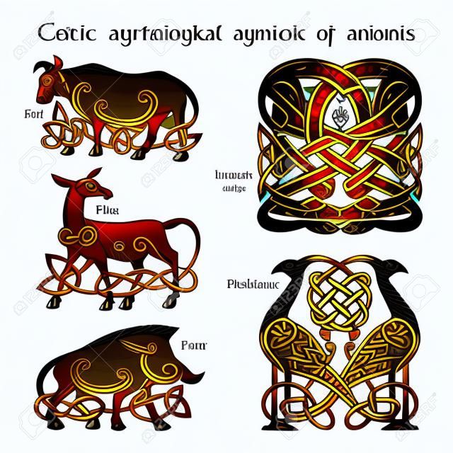 Ancient celtic mythological symbol animails set. Vector knot ornament.