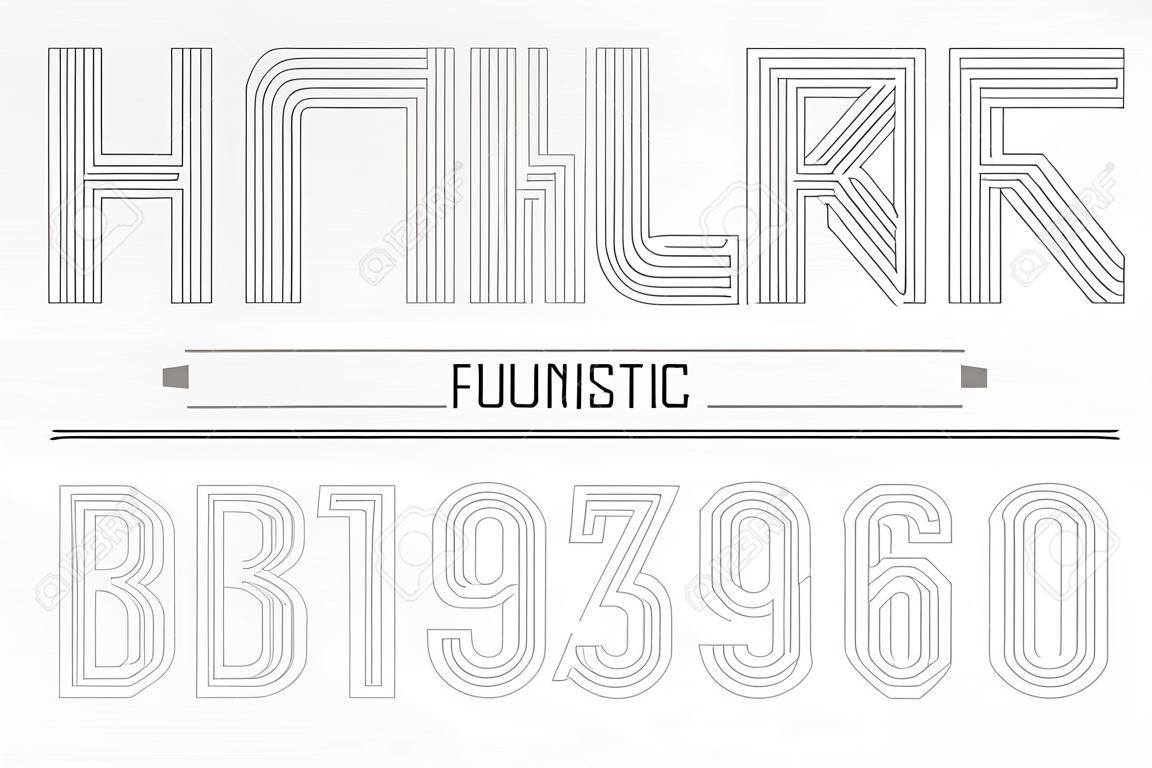 Retro futuristic bold decorative font design, alphabet, typeface