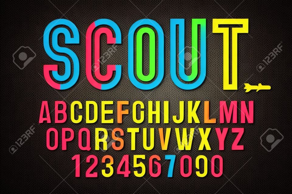 A Vector decorative bold font design, alphabet, typeface, typography Color swatches with spelled SCOUT on black