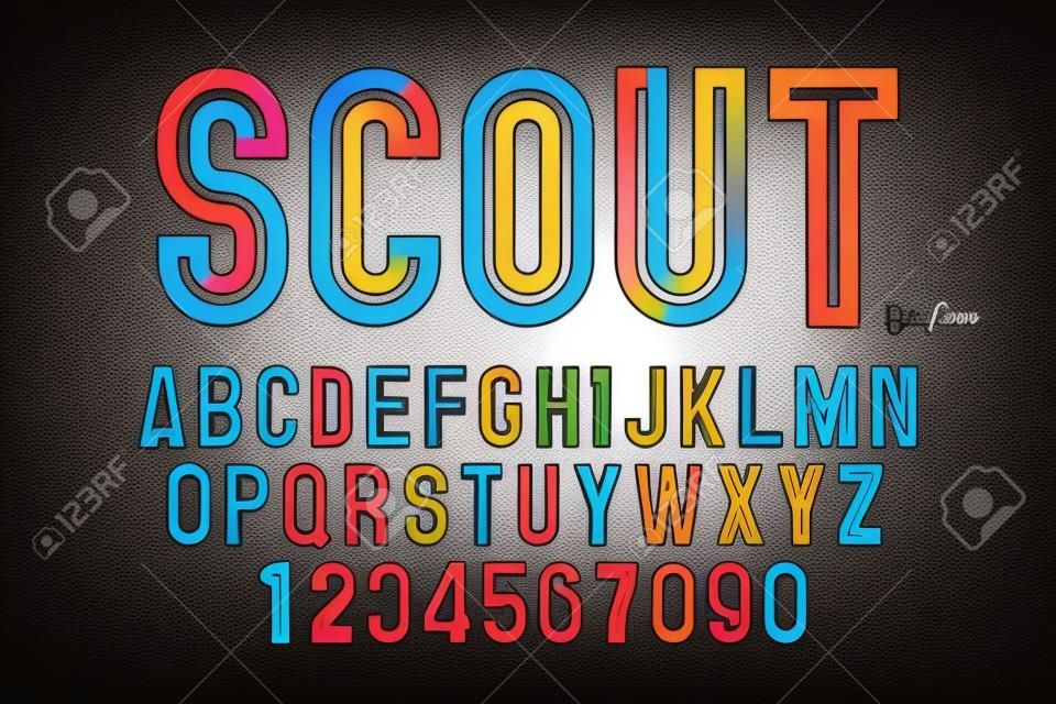A Vector decorative bold font design, alphabet, typeface, typography Color swatches with spelled SCOUT on black