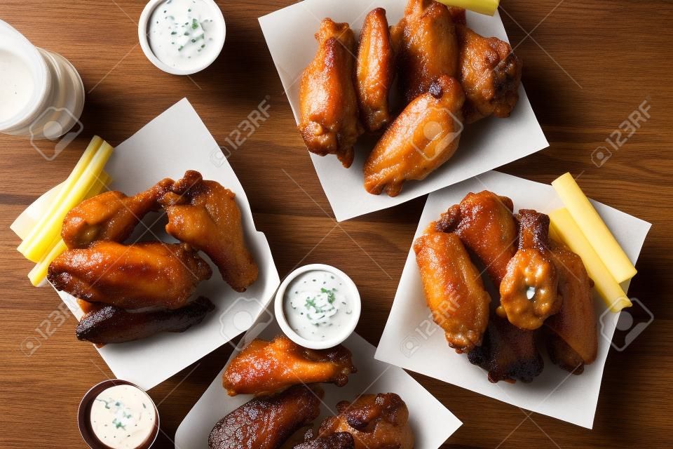 party sampler platter made to share with four different flavors of chicken wings served with beer and ranch dipping sauce