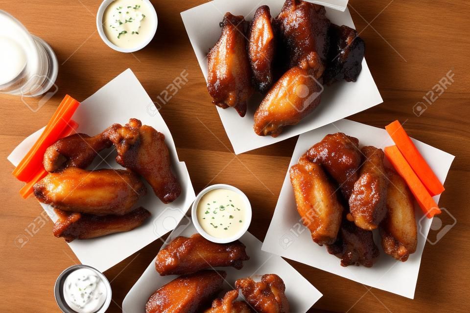 party sampler platter made to share with four different flavors of chicken wings served with beer and ranch dipping sauce