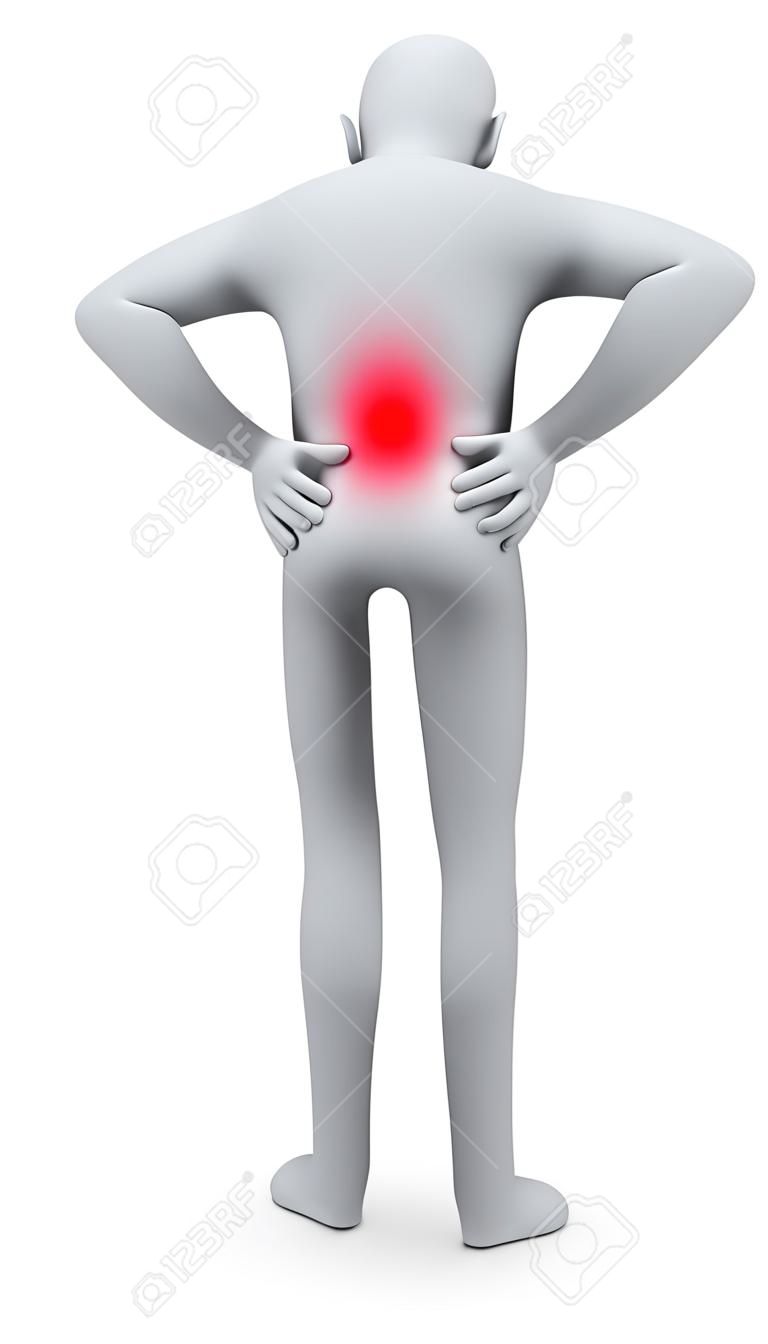 Ilustração 3d da pessoa com dor nas costas dobrando-se sobre na dor com as mãos segurando a parte inferior das costas.
