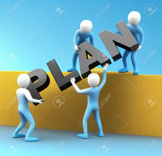 plan という単語を配置する男性の 3 d イラストレーション。 人間の人々 の文字とチームの仕事の 3 d レンダリング。