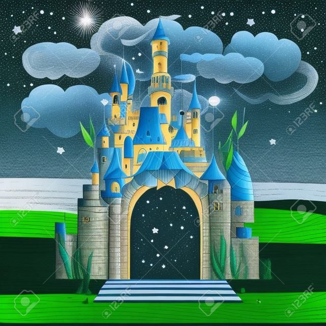 Dibujado a mano ilustración de un castillo de cuento de hadas en un prado verde bajo un cielo azul despejado de una noche estrellada