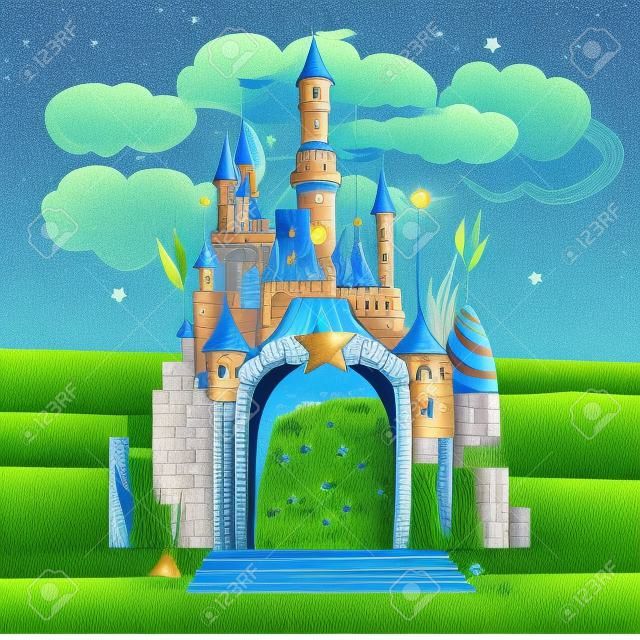 Dibujado a mano ilustración de un castillo de cuento de hadas en un prado verde bajo un cielo azul despejado de una noche estrellada