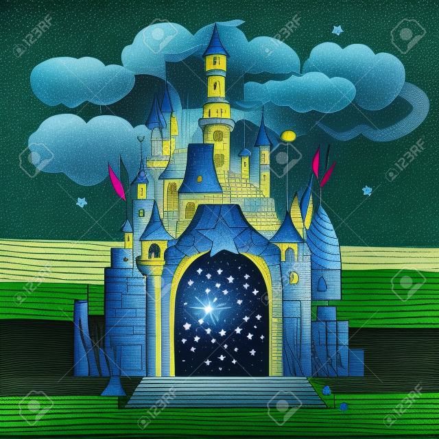 Hand drawn illustration of a fairytale castle on a green meadow under a blue cloudy sky of a starry night