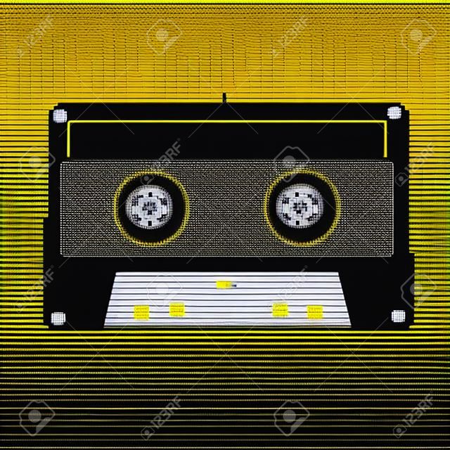 Retro music cassette, pixel art composition with black background and yellow object