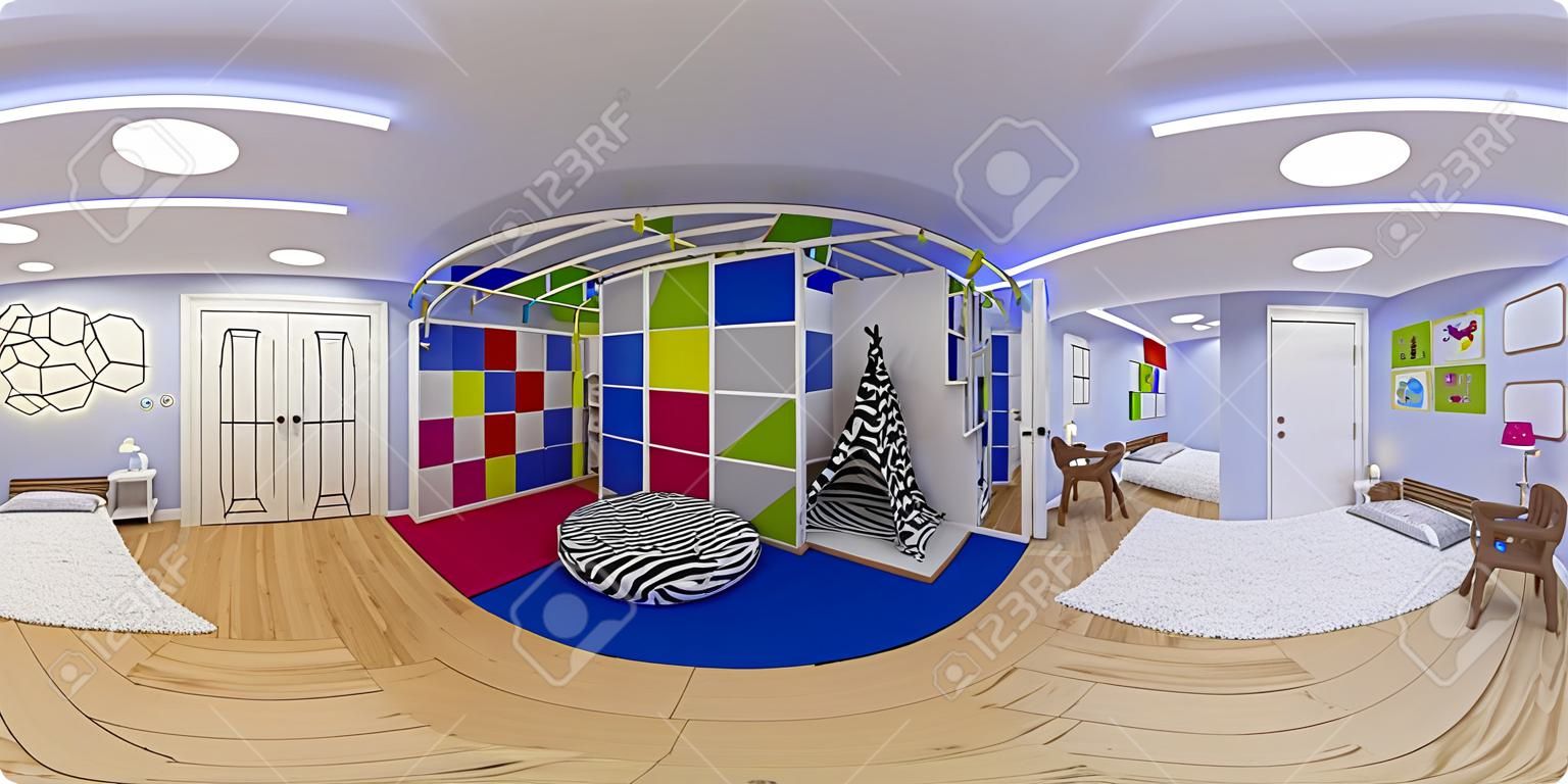 3d illustration sphériques 360 degrés, panorama unique de la conception de l'intérieur de la chambre des enfants. Concevoir la chambre d'un enfant pour un garçon dans des tons de couleurs vives