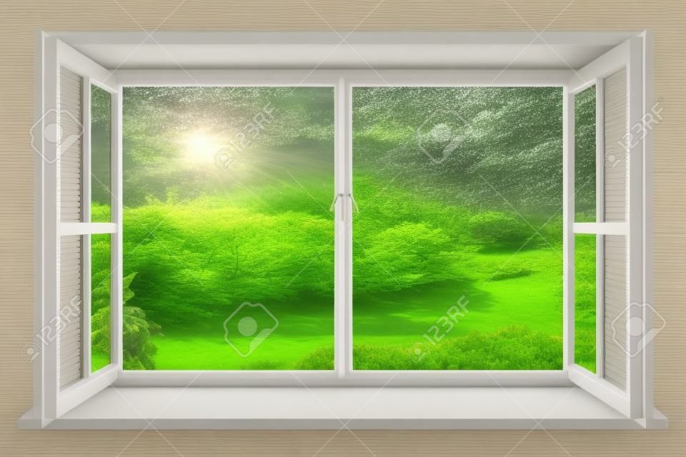 Die Natur hinter einem Fenster 3d Render mit eingefügten Foto