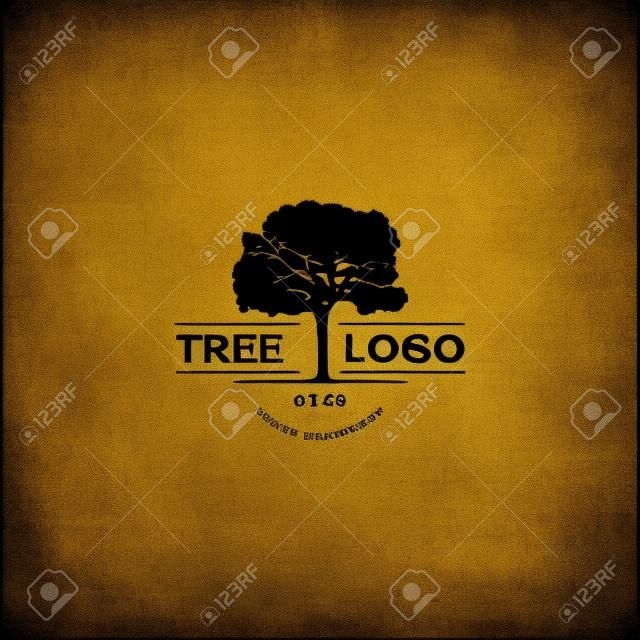 oak tree silhouette retro vintage hipster with mono-line style combination logo template