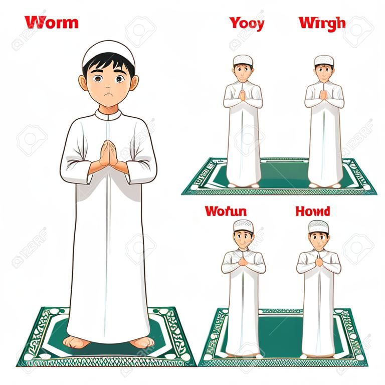 단계에 의해 이슬람기도 위치 가이드 단계는 소년 서에 의해 수행하고 잘못된 위치 벡터 일러스트와 함께 두 손을 배치
