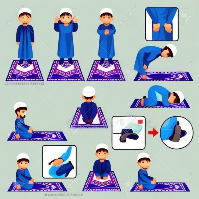 Komplet Modlitwa muzułmańska Stanowisko przewodnik krok po kroku wykonać przez Vector Ilustracja Boy