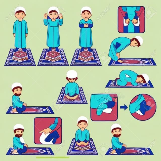 Komplett készlet a muzulmán ima pozíció útmutató lépésről lépésre hajtsa végre a fiú Vektor illusztráció