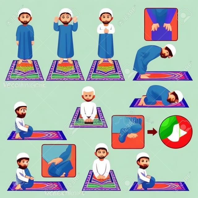 Set completo di preghiera musulmana Posizione guida Step by Step Eseguire da ragazzo di illustrazione vettoriale