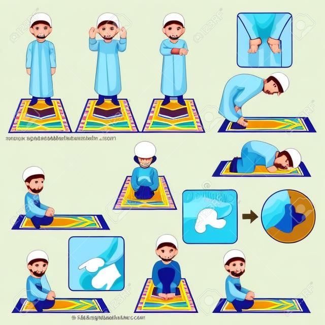 分步成套穆斯林禱告位置指南步驟由男孩向量插圖執行