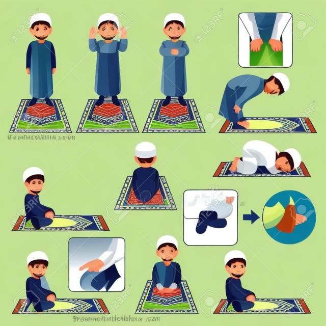 Komplett-Set muslimischer Gebetsposition Leitfaden Schritt für Schritt Führen von Boy Vector Illustration