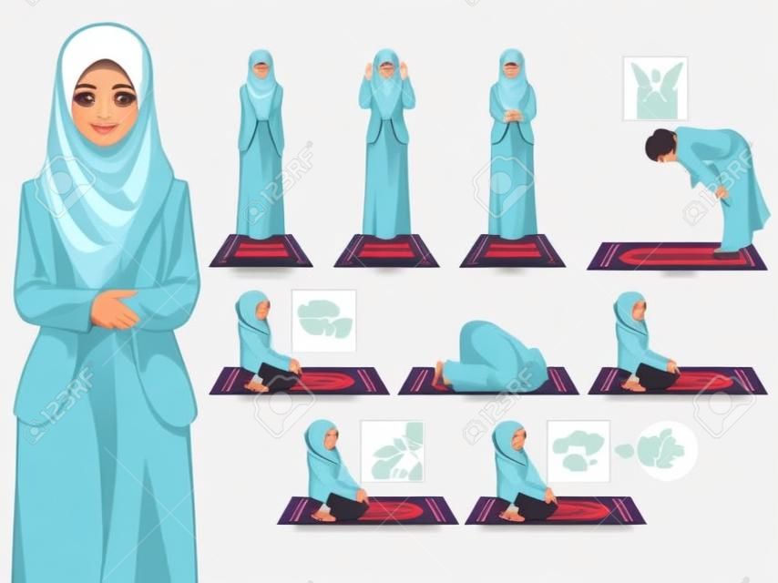 Set completo di preghiera di donna musulmana, stare in piedi, piegare, sedersi e prostrarsi posizione guida Illustrazione vettoriale passo dopo passo