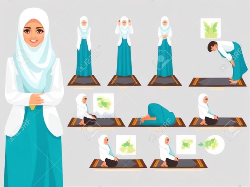 Teljes készlet muzulmán asszony imádság, állva, karjázás, ülve, és prostration pozíció útmutató lépésről lépésre vektoros illusztráció
