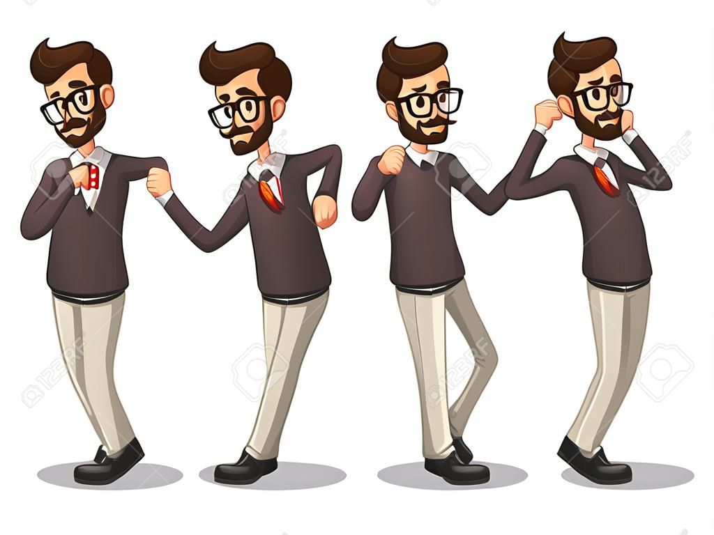 Set van hipster zakenman cartoon karakter design stand leunen tegen, geïsoleerd tegen witte achtergrond.