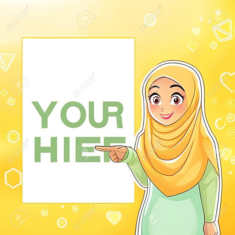 Young muslim woman wearing hijab veil pointing finger to the right side at copy space, cartoon character design, against yellow background, vector illustration.