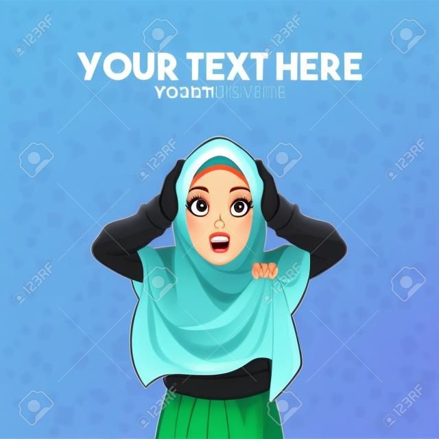 Young muslim woman wearing hijab veil surprised with holding her head, cartoon character design, against tosca background, vector illustration.
