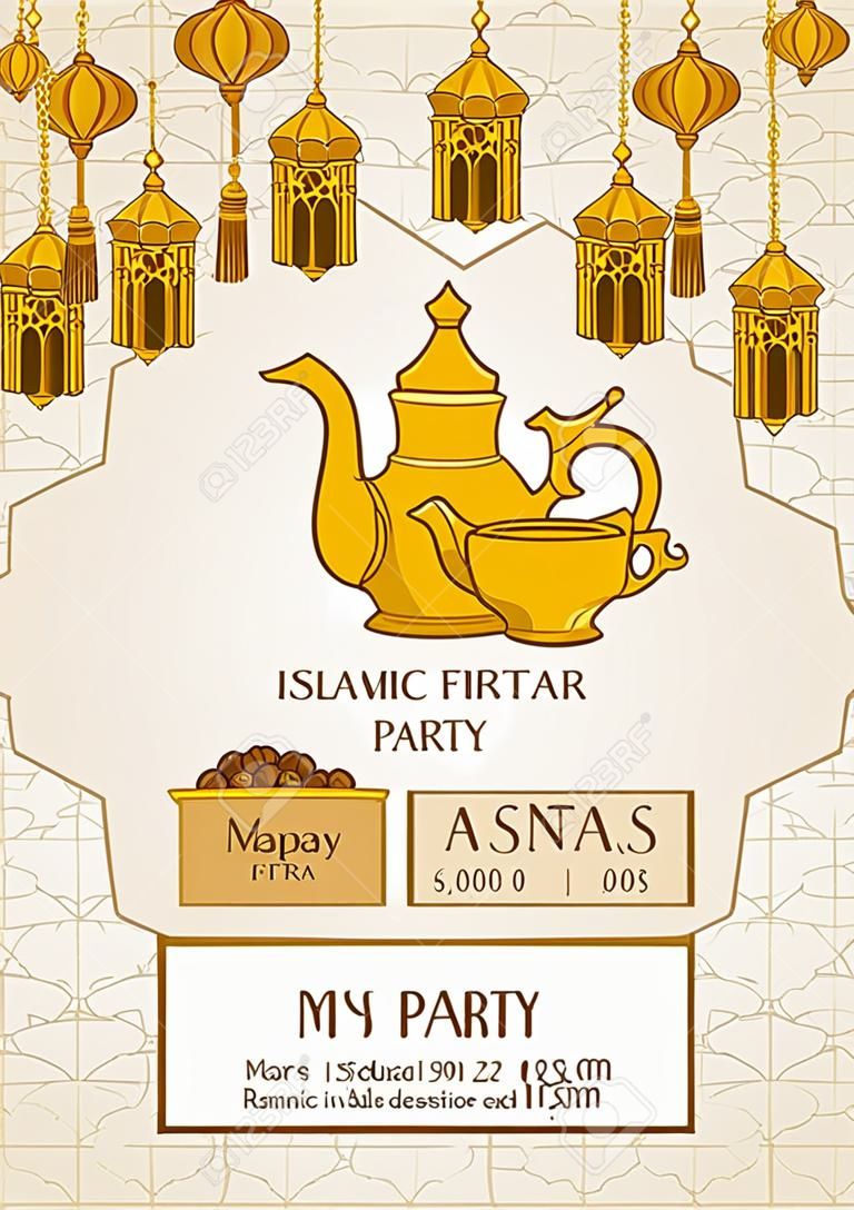 イスラムイフタールパーティー招待状フライヤーカードデザイン、東洋ティーポットセットとジオメトリの背景、ベクトルテンプレート上の漫画のイラストでラマダン装飾と日付のボウル。