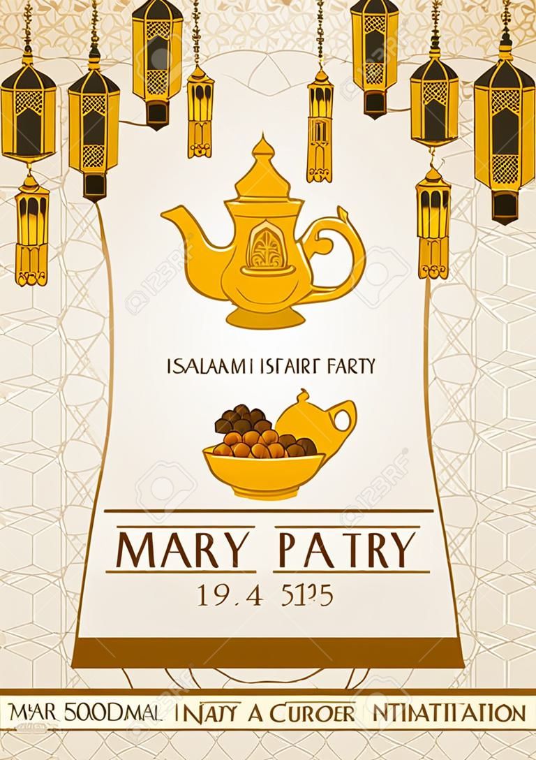 Islamic Iftar Party Invitation Flyer Card Design, Oriental Teapot Set and Bowl of Dates with Ramadan Decoration in Cartoon Illustration on The Geometry Background, Vector Template.
