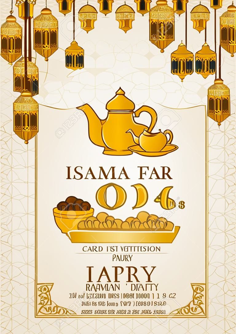 Islamic Iftar Party Invitation Flyer Card Design, Oriental Teapot Set and Bowl of Dates with Ramadan Decoration in Cartoon Illustration on The Geometry Background, Vector Template.