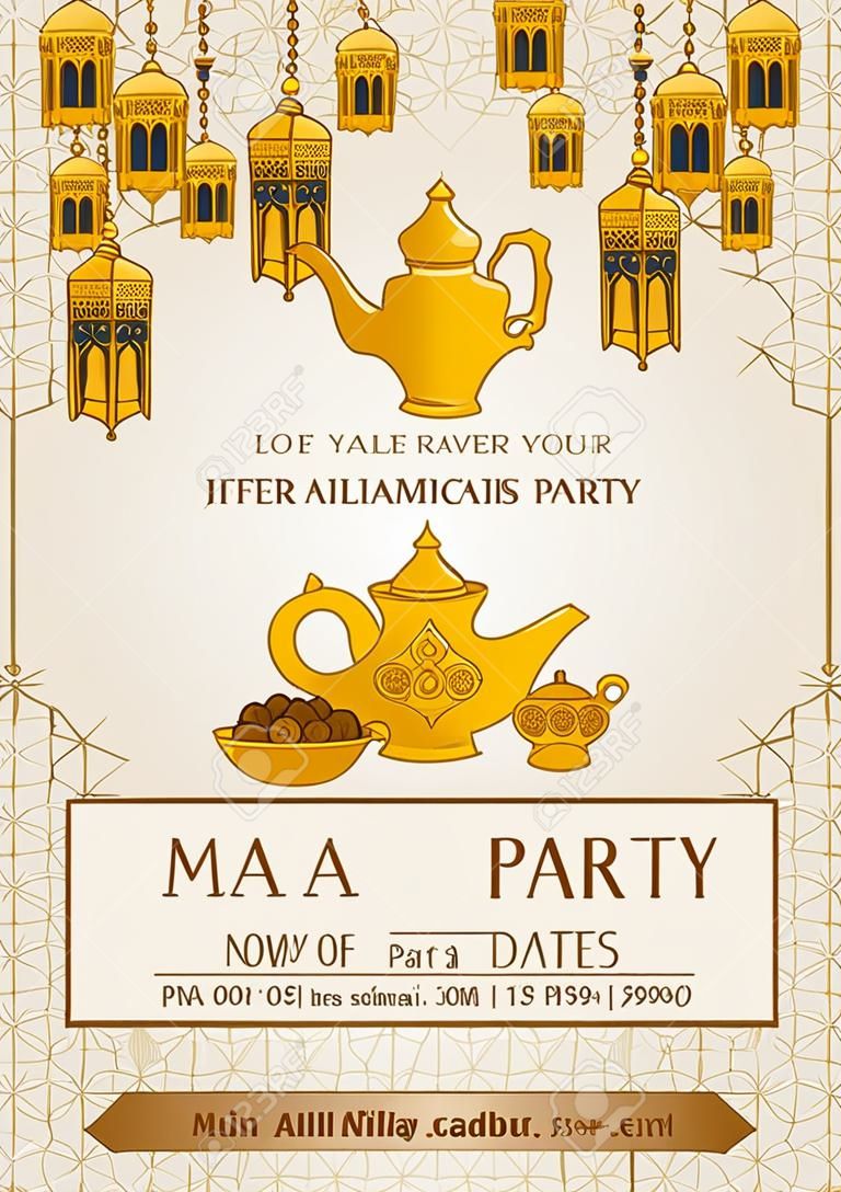 イスラムイフタールパーティー招待状フライヤーカードデザイン、東洋ティーポットセットとジオメトリの背景、ベクトルテンプレート上の漫画のイラストでラマダン装飾と日付のボウル。