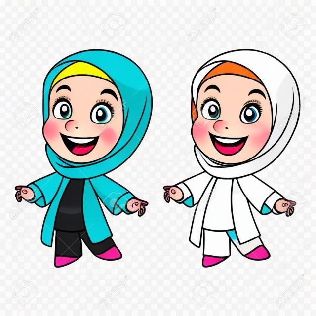 Cute Happy Muslim Girl Wearing Hijab with Line Art Drawing, Children, Vector Character Illustration Mascot in Isolated White Background.