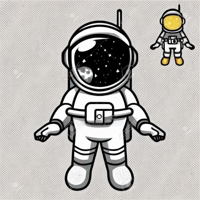 Astronaute mignon debout flottant dans l'espace avec dessin d'art en ligne noir et blanc, espace extra-atmosphérique scientifique, illustration de personnage vectoriel, mascotte de dessin animé de contour sur fond blanc isolé