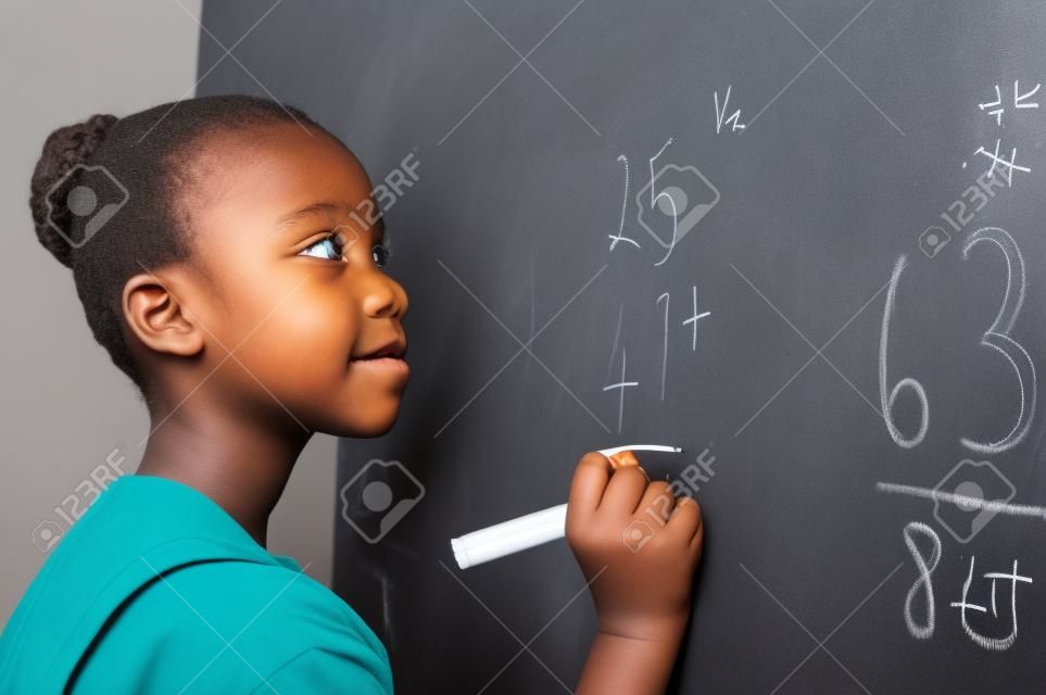 Портрет решения сочинительства африканской девушки сумм на белой доске в школе. Черная школьница решает сумму сложения на белой доске маркером. Школьник думает, решая задачу по математике.