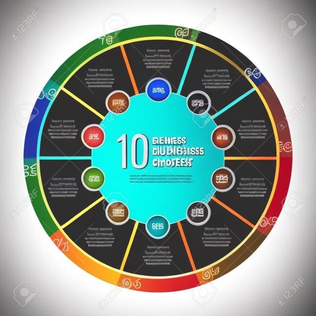 шаблон диаграммы бизнес пирог для графиков, диаграмм, графиков. Бизнес круг инфографики концепции с 10 вариантов, частей, этапов, процессов.