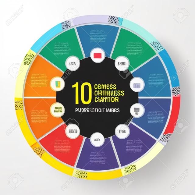 Business-Kreisdiagramm-Vorlage für Grafiken, Diagramme, Grafiken. Business Circle Infografik-Konzept mit 10 Optionen, Teile, Schritte, Prozesse.