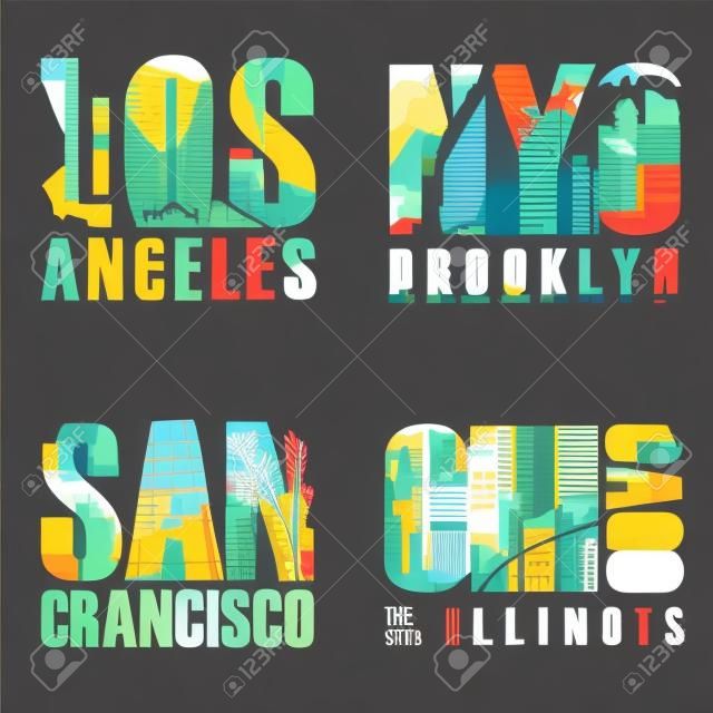 Set of us cities t-shirt designs. Vector illustration.